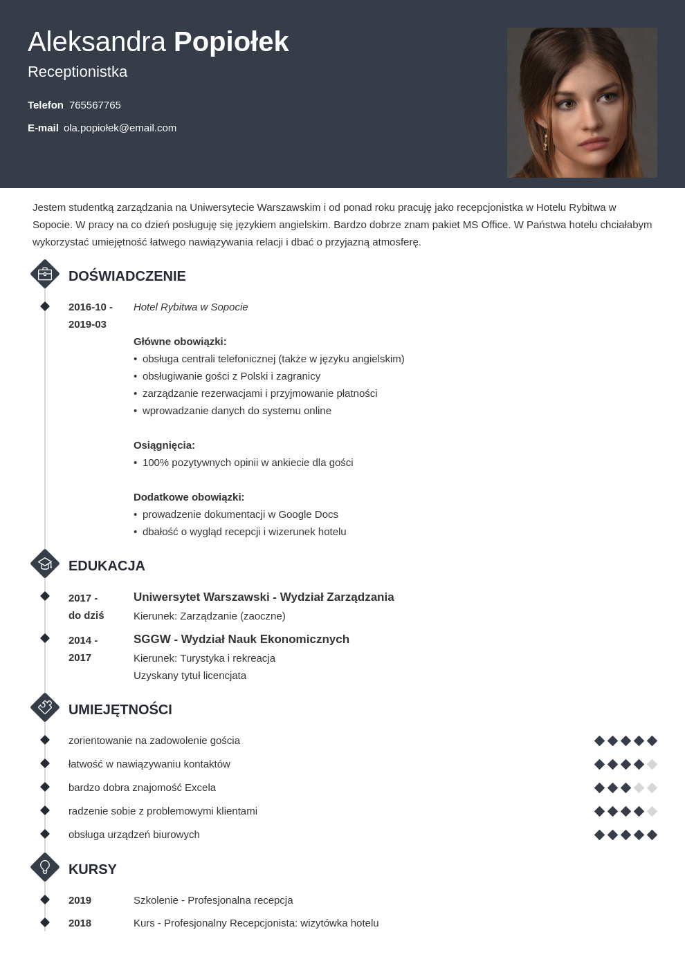 CV / list motywacyjny recepcjonistki (+ umiejętności)