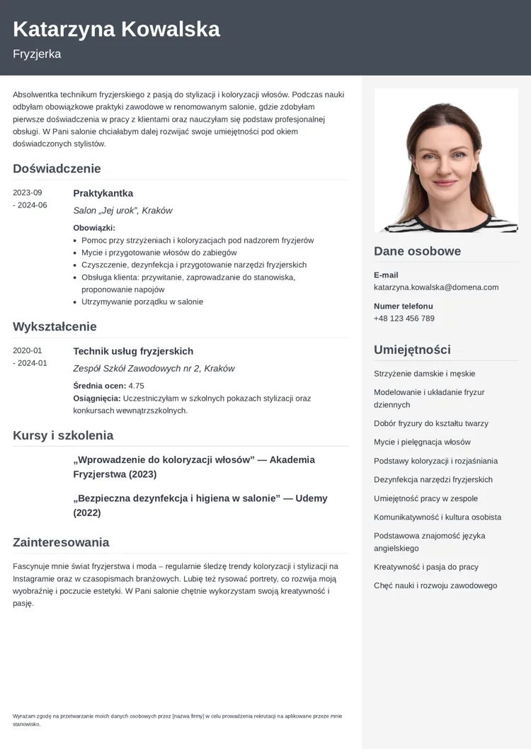 CV fryzjer — wzór bez doświadczenia