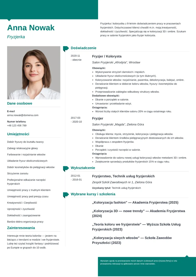 CV fryzjer — wzór dla doświadczonych kandydatów