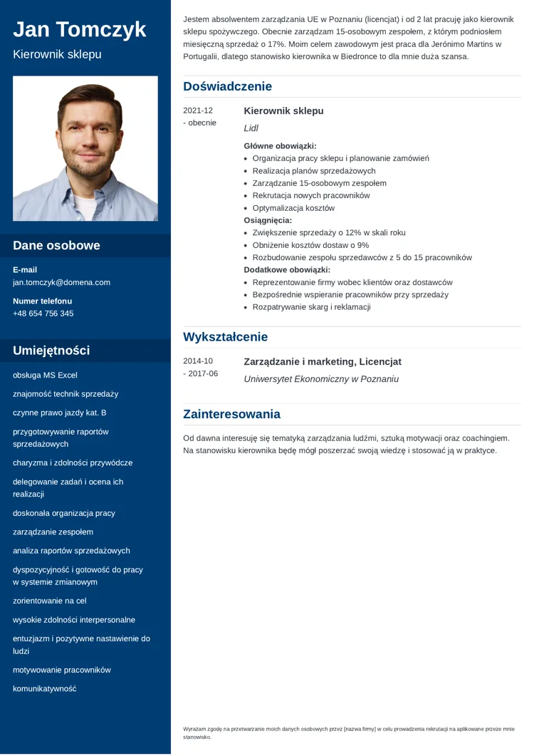 CV kierownika sklepu