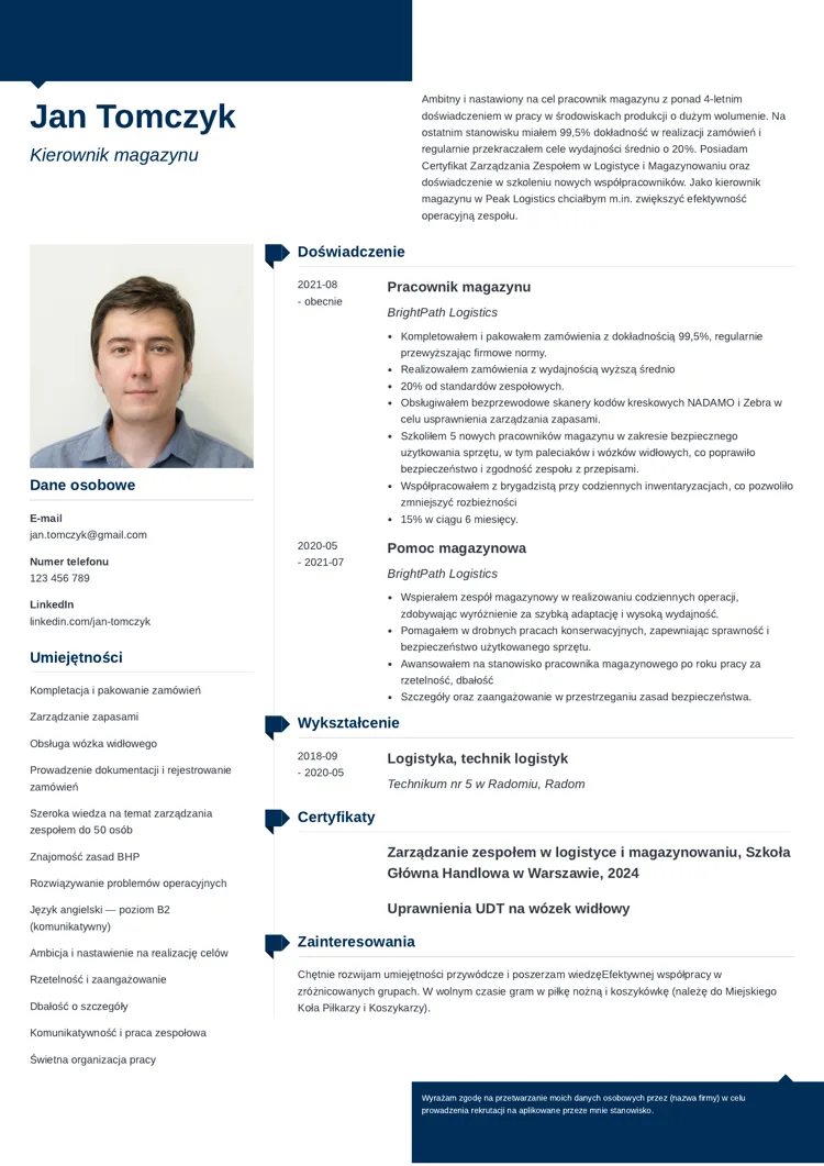 CV na stanowisko kierownicze w magazynie