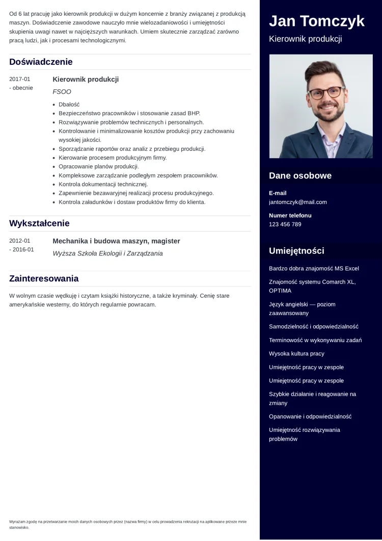 CV kierownika produkcji