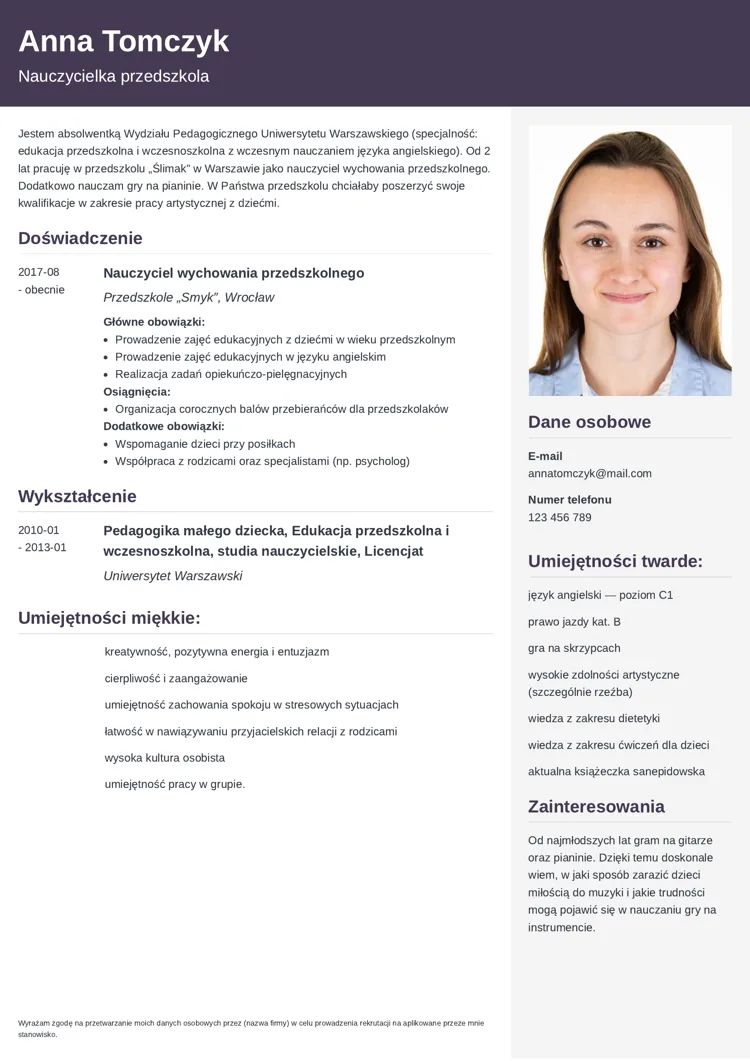 CV nauczyciela przedszkola