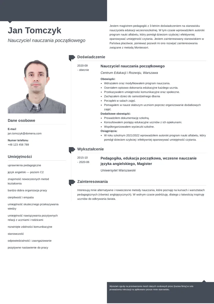 CV nauczyciela edukacji wczesnoszkolnej