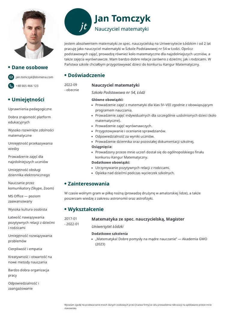 CV nauczyciela matematyki