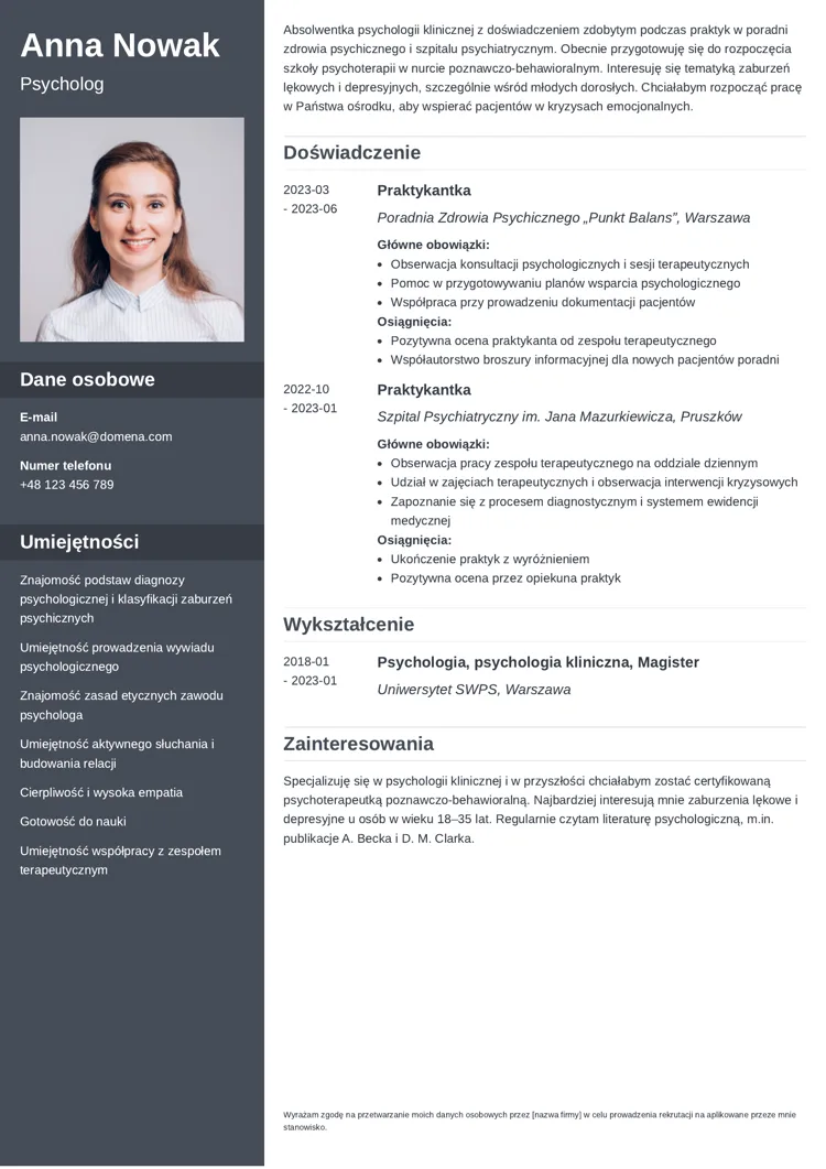 CV psychologa bez doświadczenia
