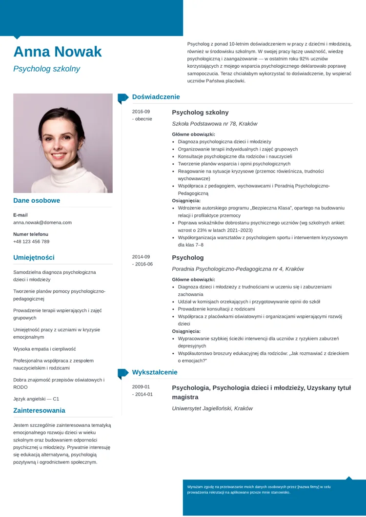 CV psychologa z długim doświadczeniem