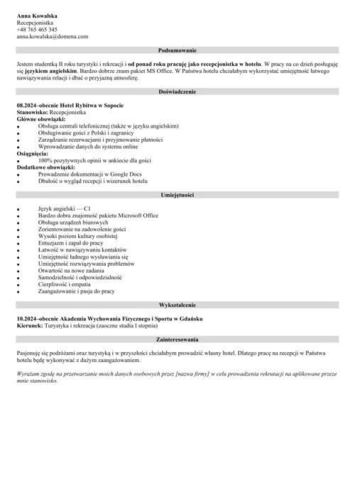 CV recepcjonistka