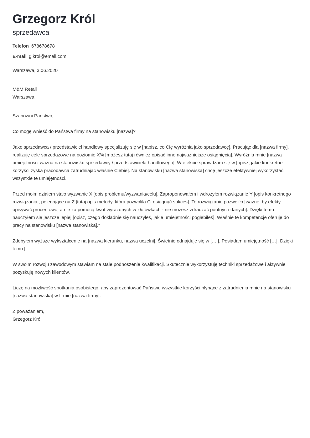 List motywacyjny sprzedawca i przedstawiciel handlowy: wzór