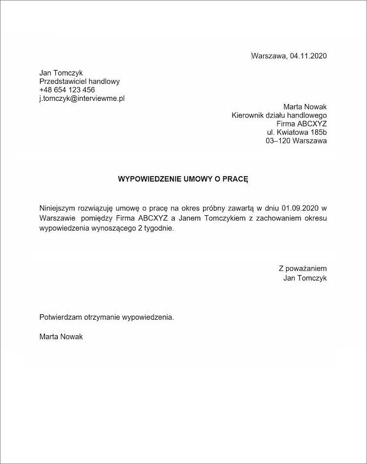 Wypowiedzenie Umowy O Prac Na Okres Pr bny Wz r Porady