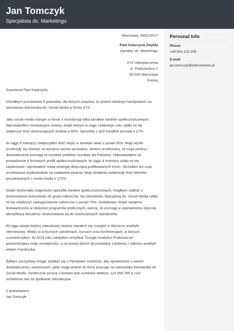 Szablon listu motywacyjnego Cubic