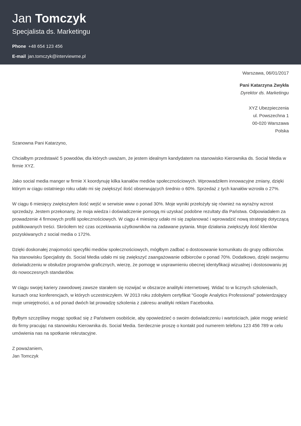 Szablon listu motywacyjnego Influx
