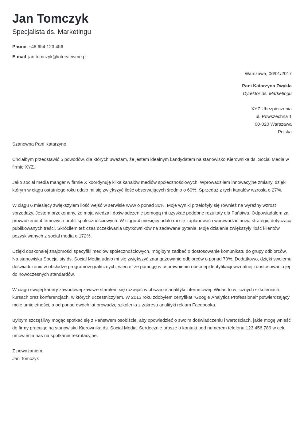 Szablon listu motywacyjnego Minimo