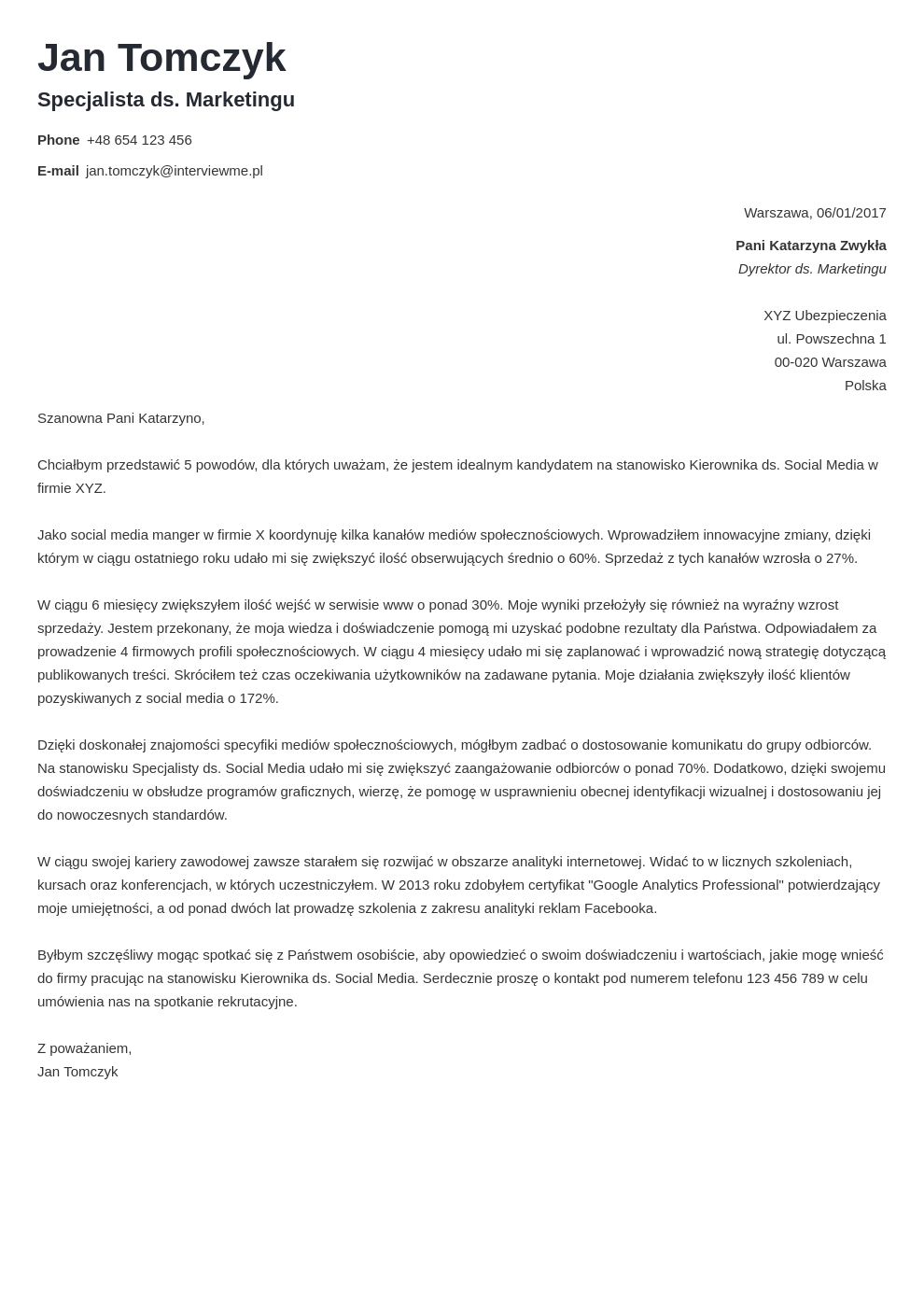 Szablon listu motywacyjnego Valera